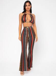 SHEIN PETITE Bộ đồ hai mảnh nữ Lộ Lưng Cắt ra Buộc lại Sọc Boho - Nhiều màu - Xem 4