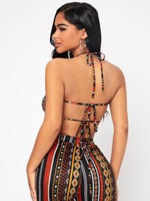 SHEIN PETITE Bộ đồ hai mảnh nữ Lộ Lưng Cắt ra Buộc lại Sọc Boho - Nhiều màu - Xem 6