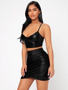 SHEIN PETITE Solid Crop Cami Top - Black - View 1