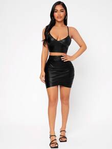 SHEIN PETITE Solid Crop Cami Top - Black - View 3