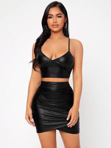 SHEIN PETITE Solid Crop Cami Top - Black - View 6