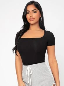 SHEIN PETITE 方领修身夏季女式黑色 T 恤 - 黑色 - 查看 4