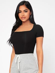 SHEIN PETITE 方领修身夏季女式黑色 T 恤 - 黑色 - 查看 5