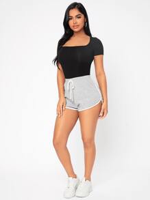 SHEIN PETITE 方领修身夏季女式黑色 T 恤 - 黑色 - 查看 6