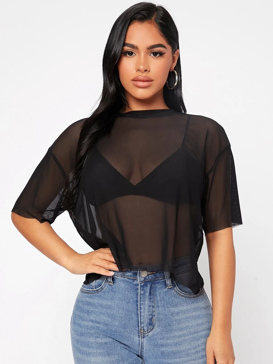 SHEIN PETITE Drop Shoulder Sheer Mesh  Summer Women Black Top Without Bra - Black - View 1