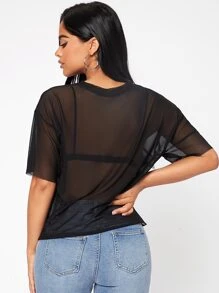SHEIN PETITE Drop Shoulder Sheer Mesh  Summer Women Black Top Without Bra - Black - View 2