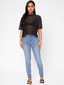 SHEIN PETITE Drop Shoulder Sheer Mesh  Summer Women Black Top Without Bra - Black - View 4