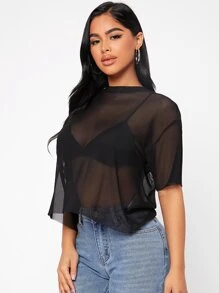 SHEIN PETITE Drop Shoulder Sheer Mesh  Summer Women Black Top Without Bra - Black - View 5