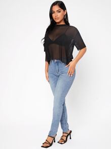 SHEIN PETITE Drop Shoulder Sheer Mesh  Summer Women Black Top Without Bra - Black - View 6