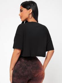 SHEIN PETITE 素色落肩袖短款T恤 - 黑色 - 查看 2