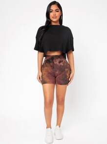 SHEIN PETITE 素色落肩袖短款T恤 - 黑色 - 查看 3