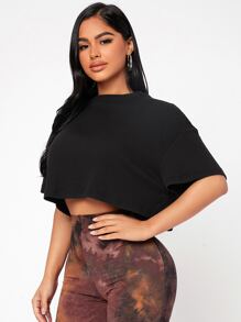 SHEIN PETITE 素色落肩袖短款T恤 - 黑色 - 查看 4