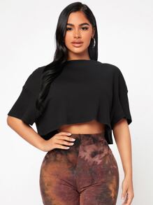 SHEIN PETITE 素色落肩袖短款T恤 - 黑色 - 查看 5