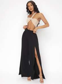 SHEIN Tall 素色高衩長褲 - 黑色 - 查看 5