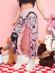 ROMWE Kawaii Pantalones deportivos con estampado de figura - Rosa - Ver 4