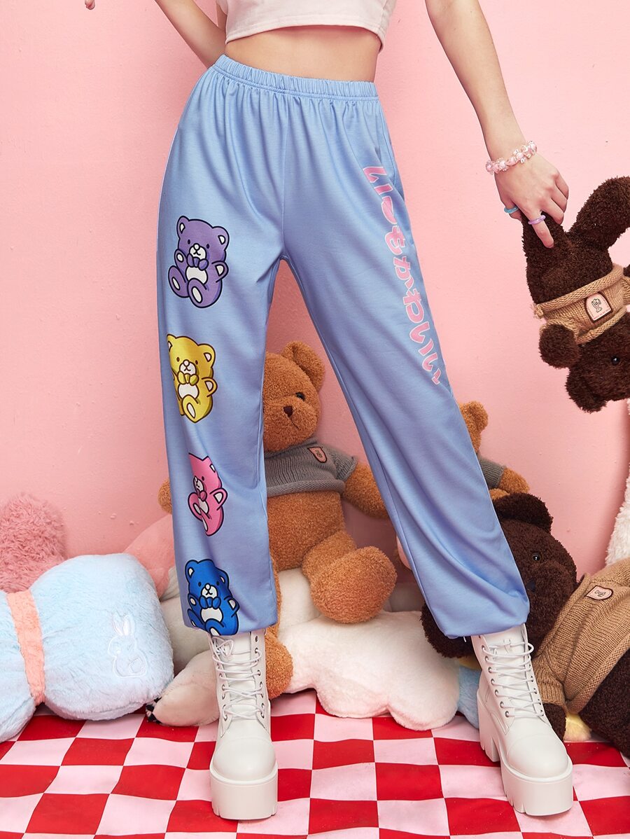 ROMWE Kawaii Cartoon Graphic Joggers - Baby Blue - View 1