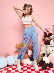 ROMWE Kawaii Cartoon Graphic Joggers - Baby Blue - View 5