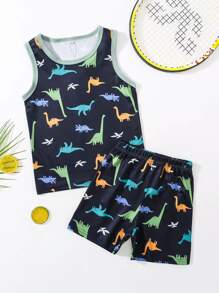 Toddler Boys Allover Dinosaur Print Contrast Binding PJ Set - Navy Blue - View 1