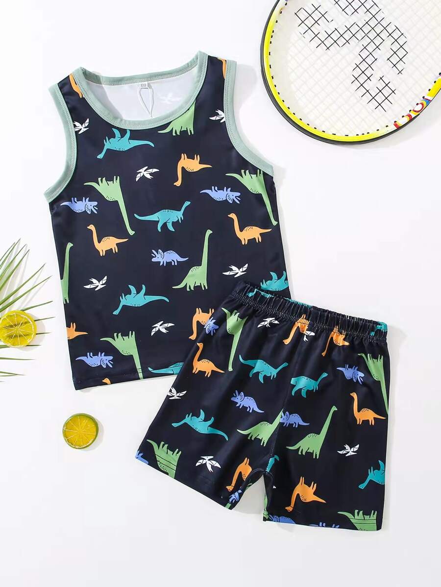 Toddler Boys Allover Dinosaur Print Contrast Binding PJ Set - Navy Blue - View 1