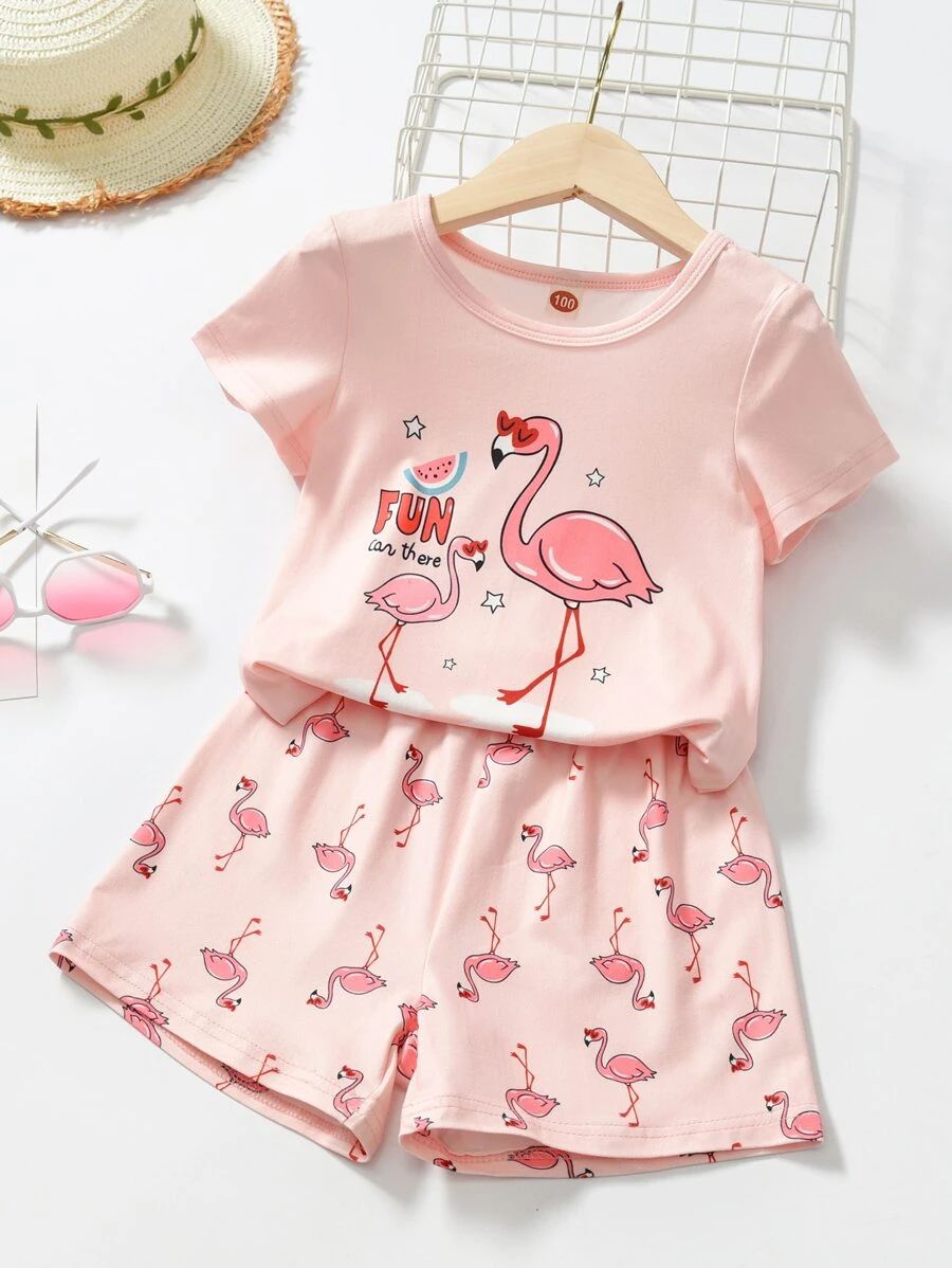 Young Girl Letter & Flamingo Print Sleep Tee & Sleep Shorts