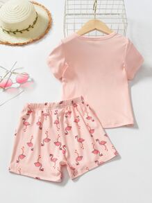 Young Girl Letter & Flamingo Print Sleep Tee & Sleep Shorts