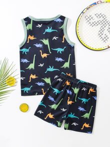 Toddler Boys Allover Dinosaur Print Contrast Binding PJ Set - Navy Blue - View 2