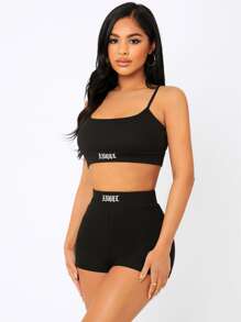 SHEIN PETITE Letter Embroidery Cami Crop Top & Cycling Shorts Set - Black - View 4