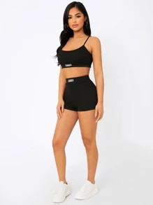 SHEIN PETITE Letter Embroidery Cami Crop Top & Cycling Shorts Set - Black - View 5