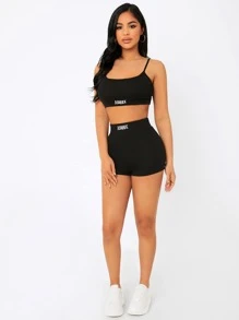 SHEIN PETITE Letter Embroidery Cami Crop Top & Cycling Shorts Set - Black - View 7