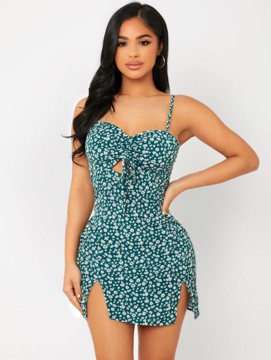 SHEIN PETITE Vestido con estampado floral con cordón fruncido bajo con abertura - Multicolor - Ver 1