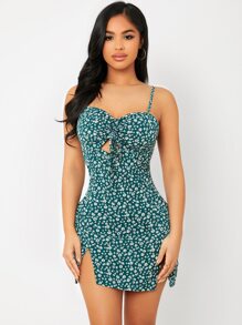 SHEIN PETITE Vestido con estampado floral con cordón fruncido bajo con abertura - Multicolor - Ver 3