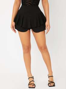 SHEIN PETITE Solid Flared Detail Shorts - Black - View 1