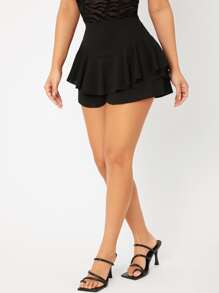 SHEIN PETITE Solid Flared Detail Shorts - Black - View 5