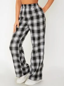 SHEIN PETITE Elastic Waist Tartan Pants - Black and White - View 1