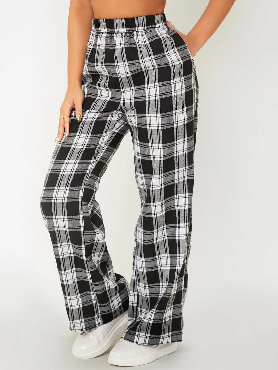 SHEIN PETITE Elastic Waist Tartan Pants - Black and White - View 1