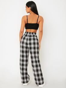 SHEIN PETITE Elastic Waist Tartan Pants - Black and White - View 2