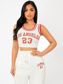 SHEIN PETITE Letter Graphic Striped Trim Crop Tank Top & Joggers Set - White - View 6