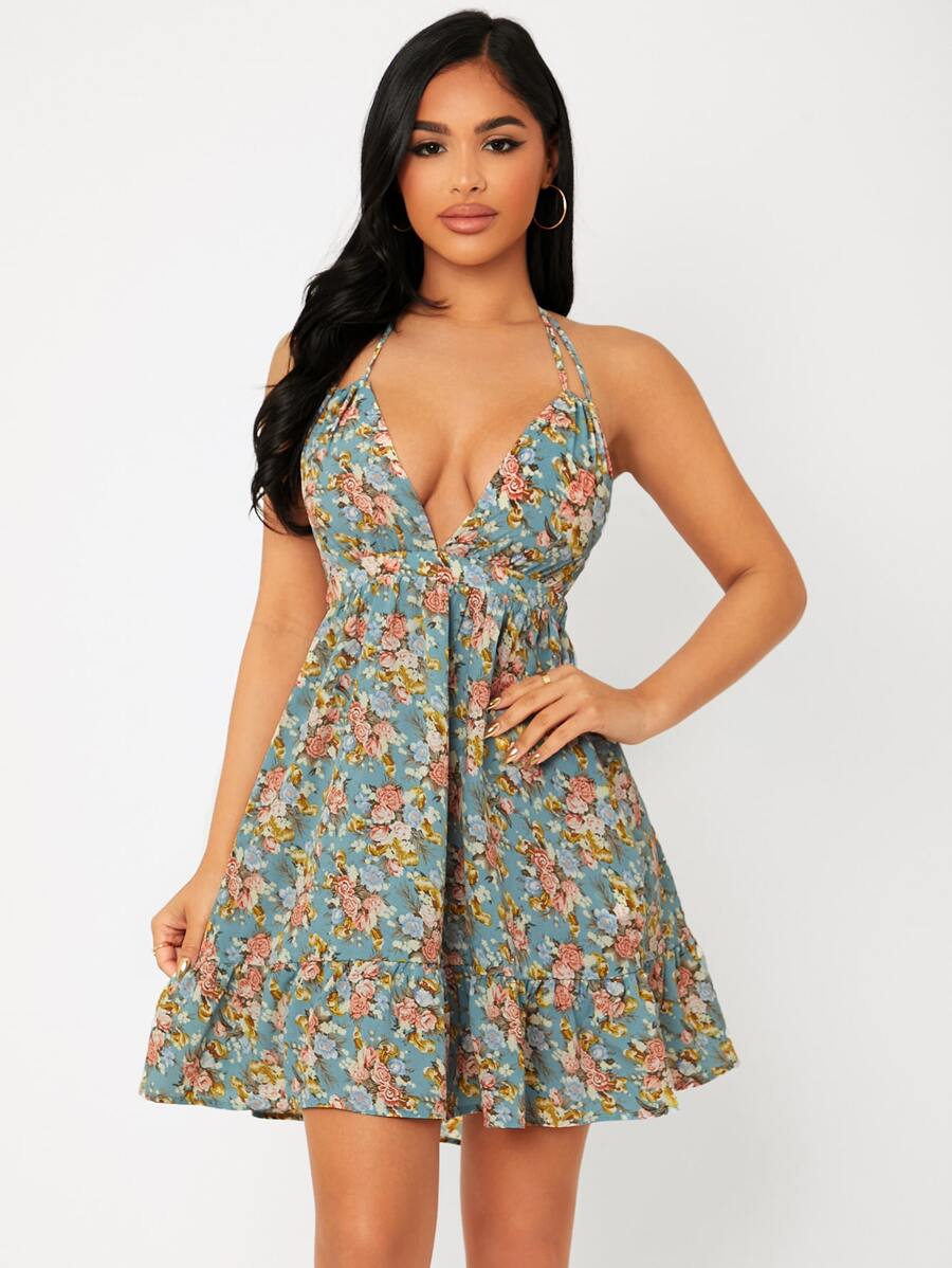 SHEIN PETITE Floral Print Backless Dress - Multicolor - View 1