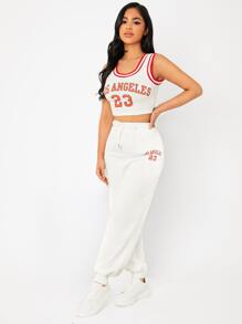 SHEIN PETITE Letter Graphic Striped Trim Crop Tank Top & Joggers Set - White - View 3