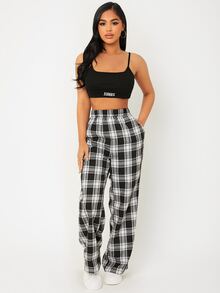 SHEIN PETITE Elastic Waist Tartan Pants - Black and White - View 3