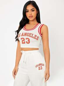 SHEIN PETITE Letter Graphic Striped Trim Crop Tank Top & Joggers Set - White - View 5