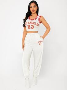 SHEIN PETITE Letter Graphic Striped Trim Crop Tank Top & Joggers Set - White - View 1