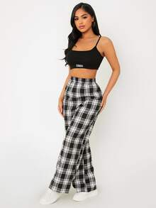 SHEIN PETITE Elastic Waist Tartan Pants - Black and White - View 5