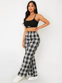 SHEIN PETITE Elastic Waist Tartan Pants - Black and White - View 6