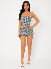 SHEIN PETITE Áo liền quần nữ Lộ Lưng Ren lên Kẻ sọc Gợi cảm - Đen và trắng - Xem 4