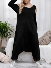 Mulvari Plus Cold Shoulder Drop Crotch Jumpsuit - Black - View 1