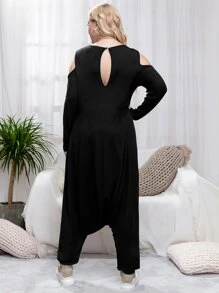 Mulvari Plus Cold Shoulder Drop Crotch Jumpsuit - Black - View 2