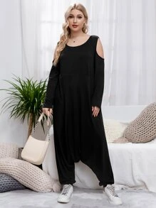 Mulvari Plus Cold Shoulder Drop Crotch Jumpsuit - Black - View 3
