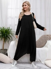 Mulvari Plus Cold Shoulder Drop Crotch Jumpsuit - Black - View 4