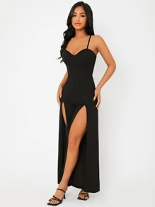 SHEIN PETITE Split Hem Cami Jumpsuit - Black - View 4